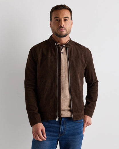 100% Suede Café Racer Jacket - S / Pecan Brown