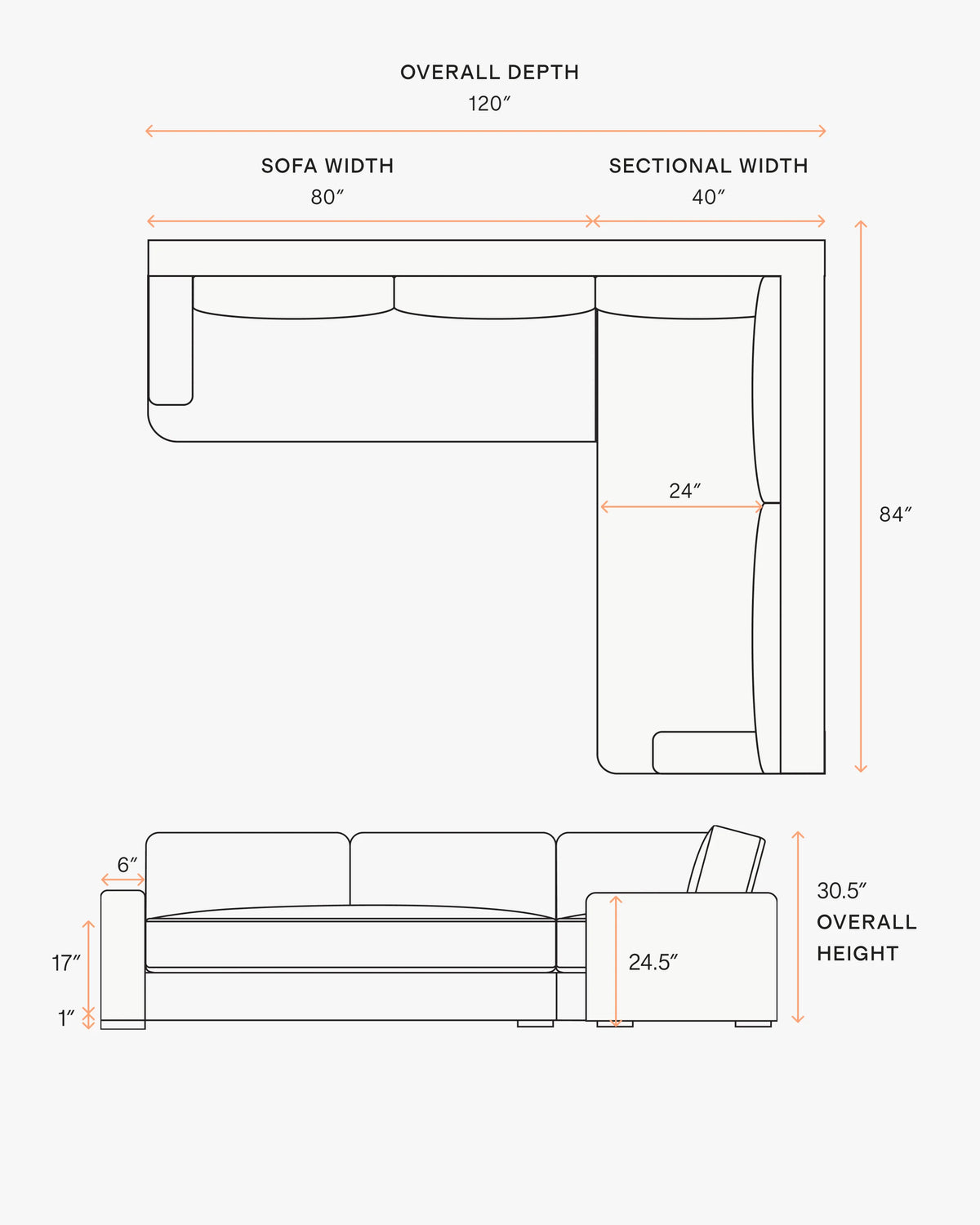 Sierra Curved Arm L Sectional in Leather - Right Arm / Auburn