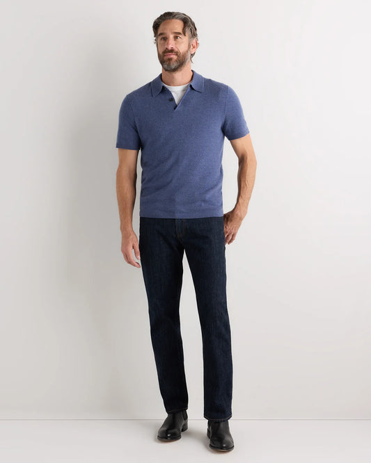 100% Mongolian Cashmere Short Sleeve Polo Sweater - S / Heather Storm Blue