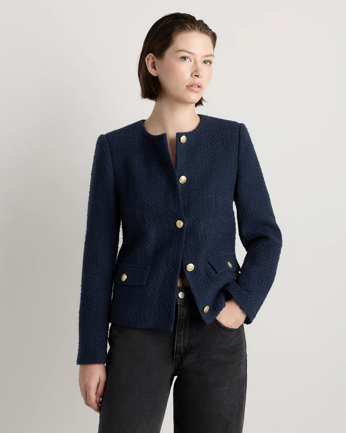 Tweed Collarless Jacket - XS / Deep Navy