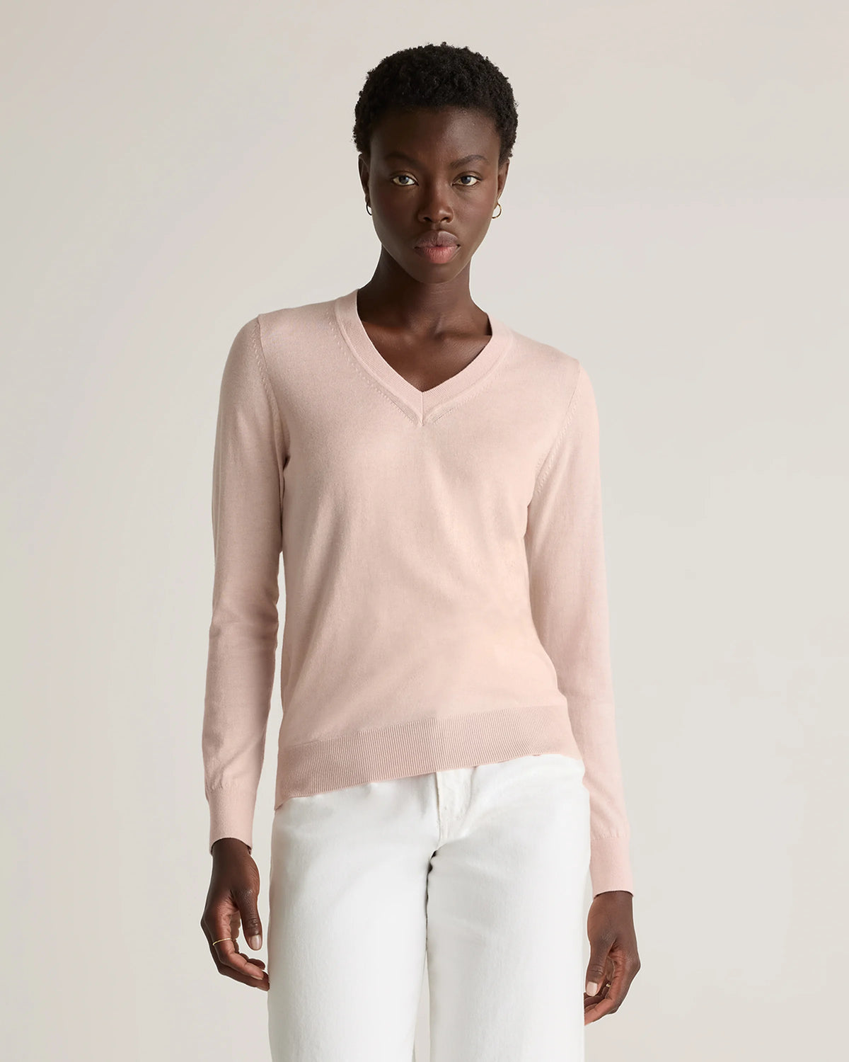 Lightweight Cotton Cashmere V-Neck Sweater - XS / Sugar Stone